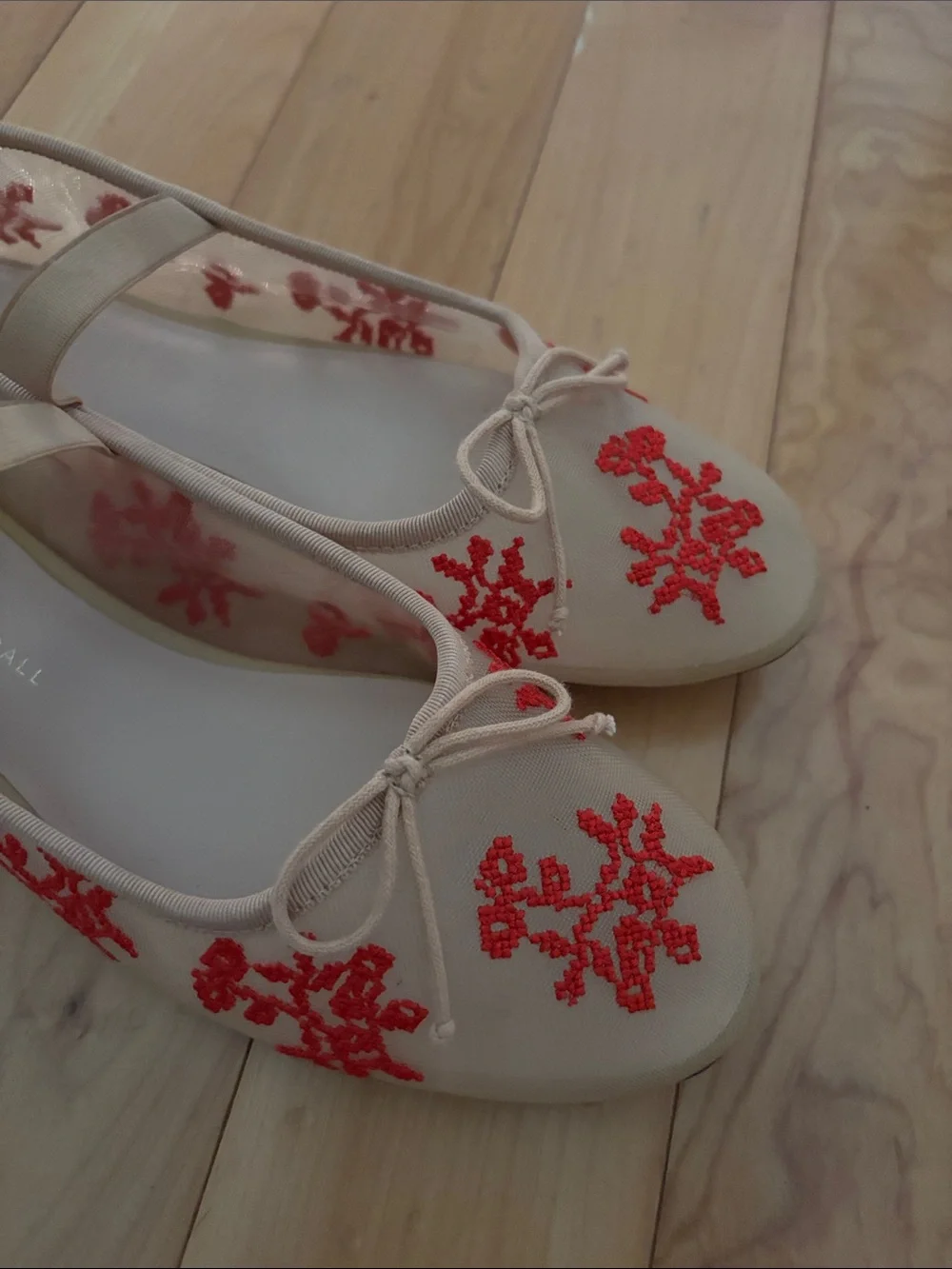 Loeffler Randall Beige Slingback Flats with Red Embroidered Motifs